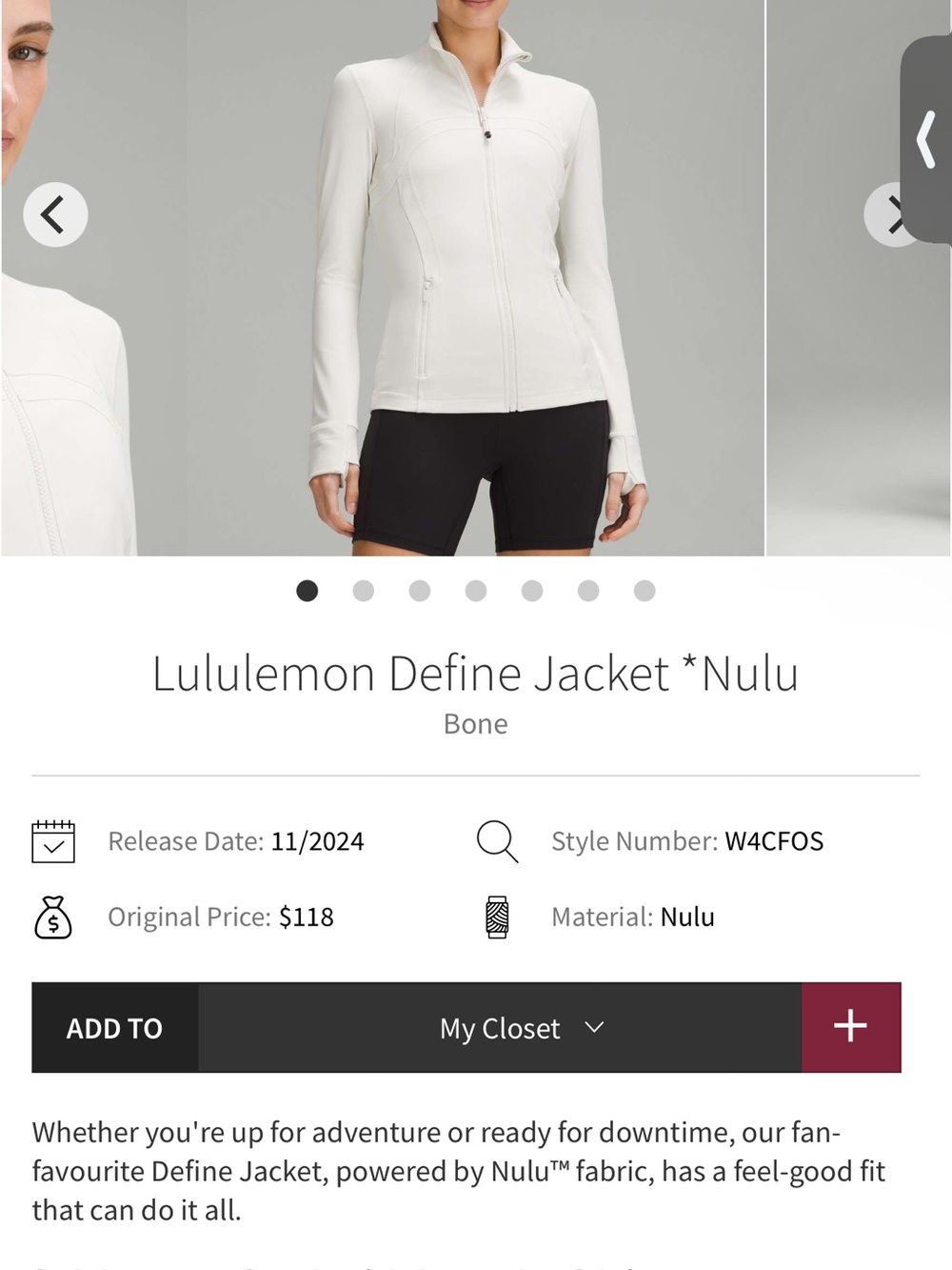 lululemon athletica Define Jacket in Bone /legging in bone size 12 both